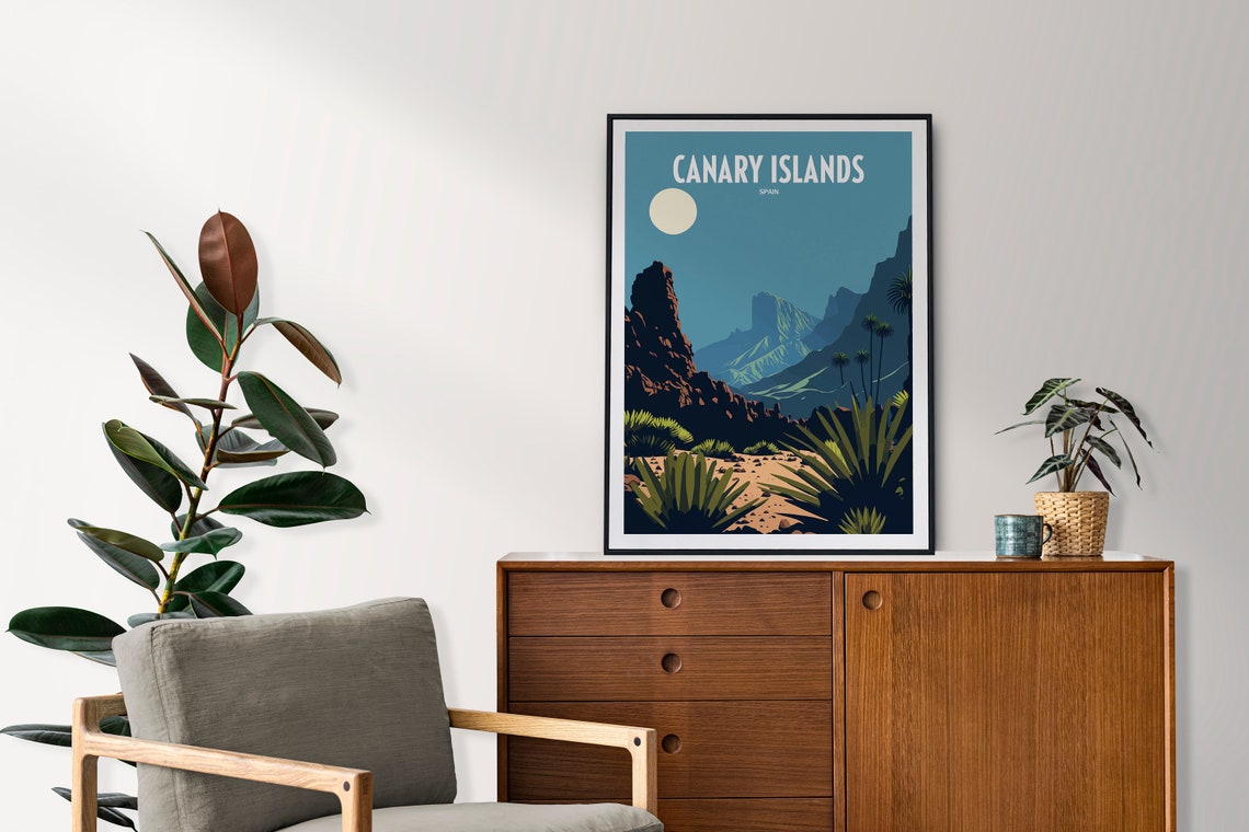 Canary Islands Spain Volcanic Peaks Moonlight Vintage Travel Poster - Image 2