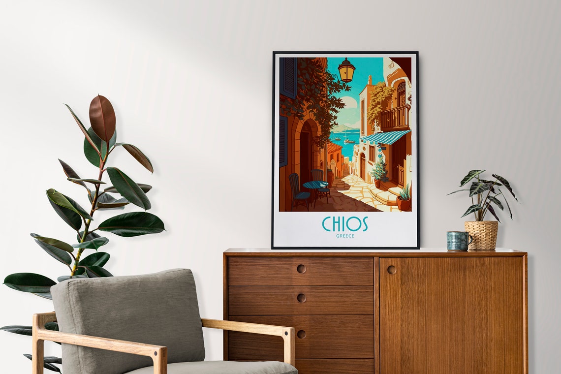 Vintage Chios Greece Travel Poster Old Town Alley Sea View Art - Image 4