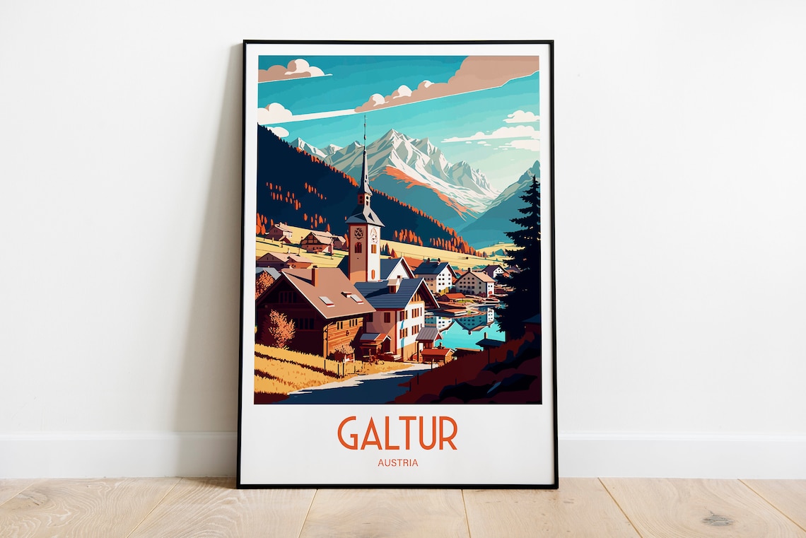 Galtur Austria Alpine Village Church Mountain Vintage Travel Poster
