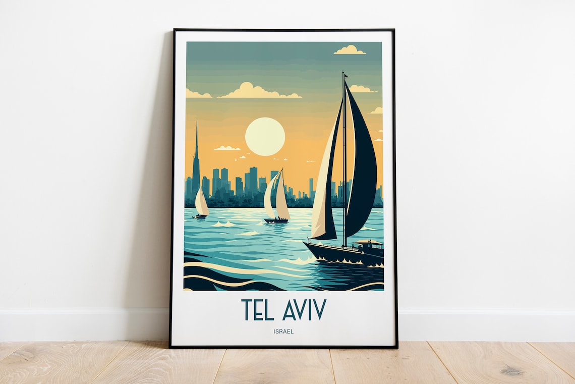 Tel Aviv Israel Sunset Sailboats City Skyline Vintage Travel Poster