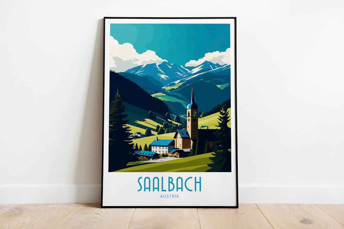 Saalbach Austria Alpine Village Church Mountain Travel Poster