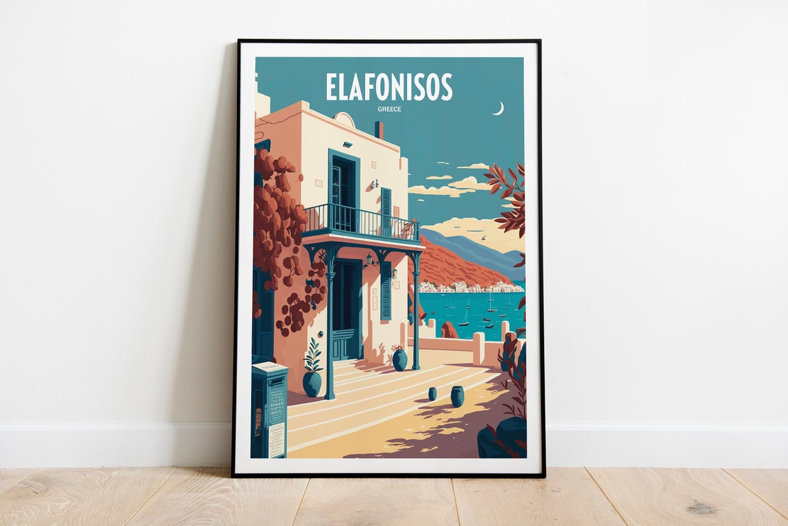 Elafonisos Greece Seaside Travel Poster Whitewashed House Vintage Art