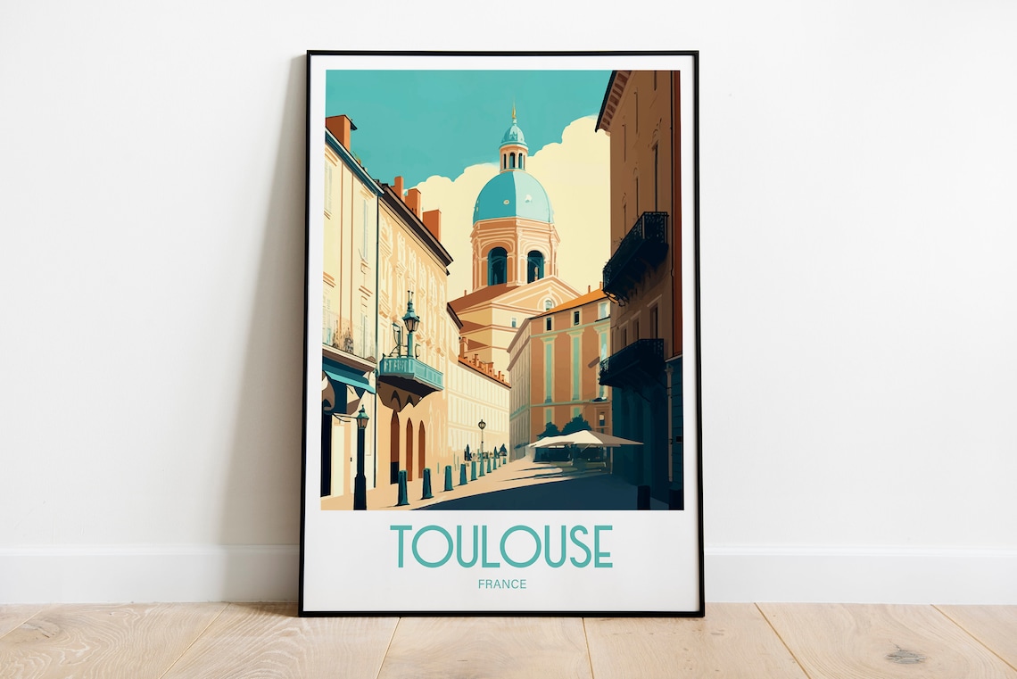 Toulouse France Blue Dome Church Street Vintage Travel Poster
