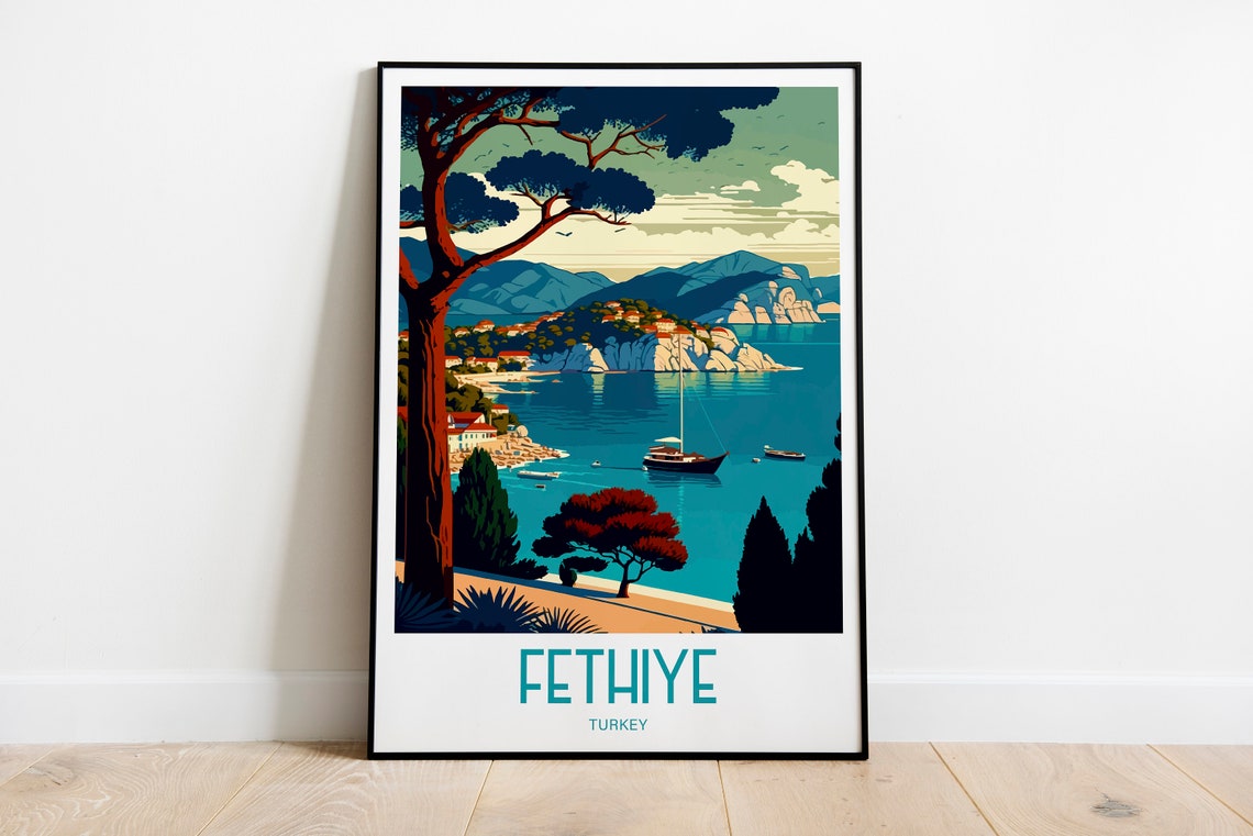Fethiye Turkey Mediterranean Coastal Bay Sailboat Travel Poster