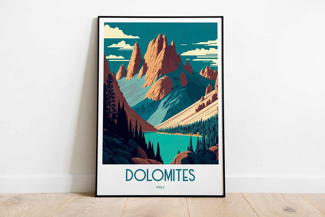 Dolomites Italy Jagged Alpine Peaks Lake Retro Travel Art Poster