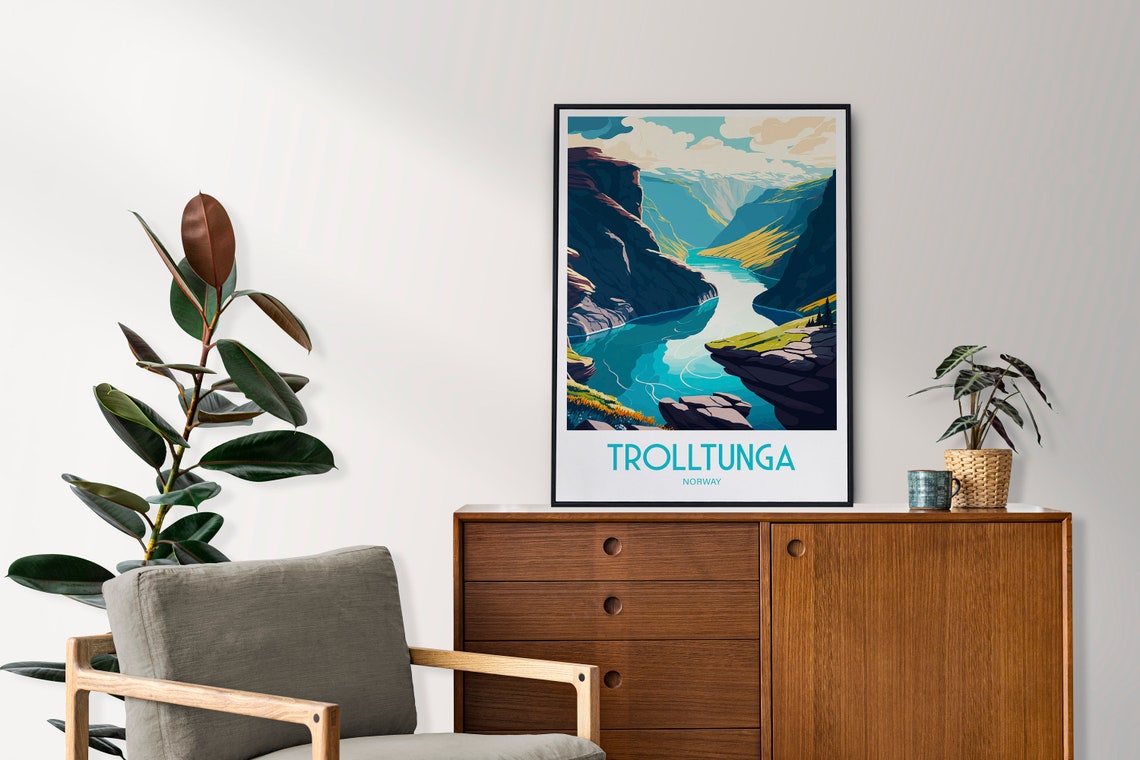 Trolltunga Norway Fjord Valley Cliff View Retro Travel Art Poster - Image 3