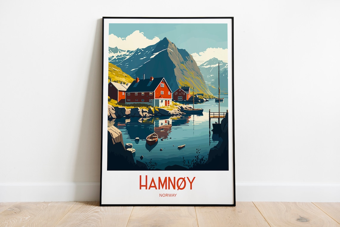 Hamnoy Norway Red Cabins Still Water Mountain Peaks Travel Poster