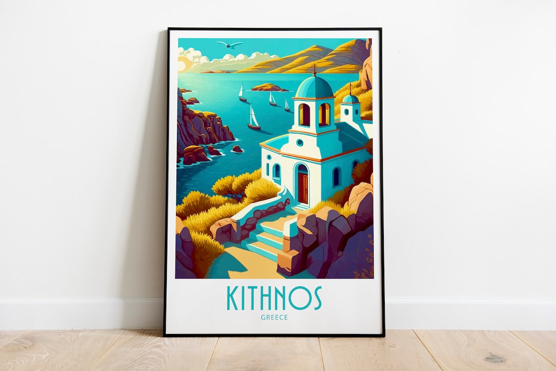 Kithnos Greece White Seaside Chapel Sailboats Vintage Travel Poster