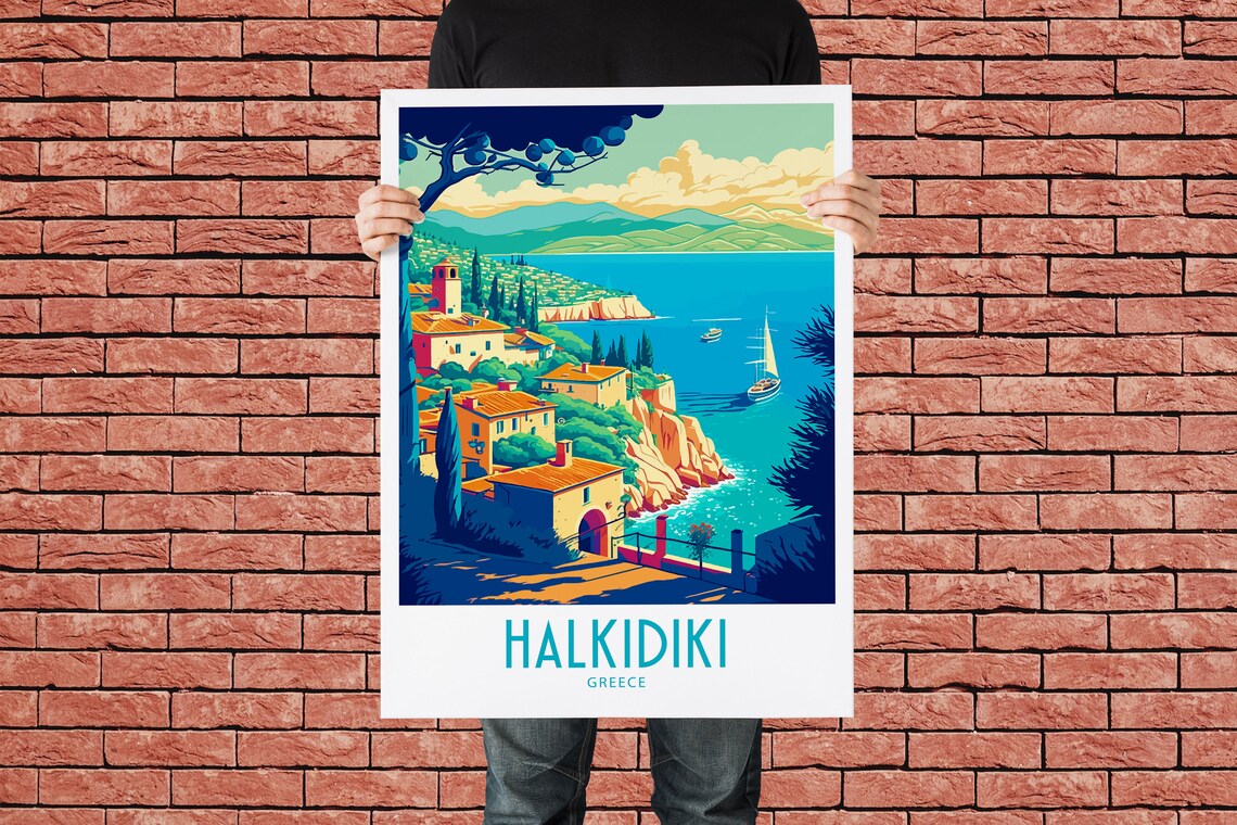 Halkidiki Greece Coastal Village Sailboat Retro Travel Poster - Image 2