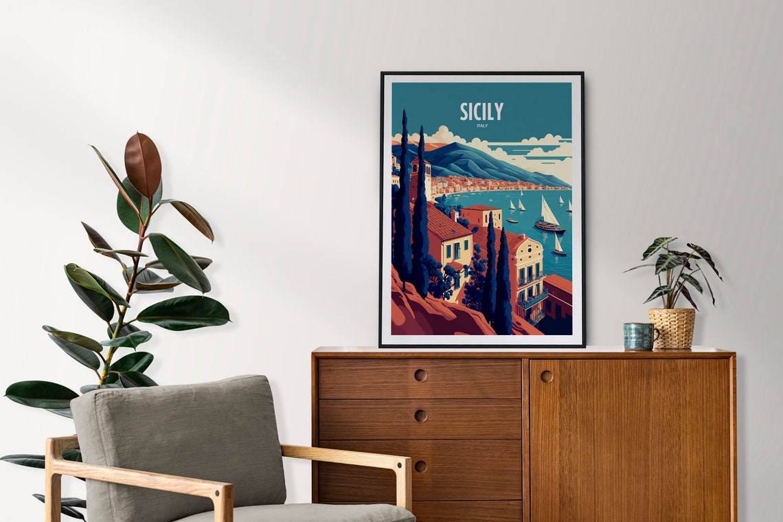 Sicily Italy Seaside Harbor Town Cypress Vintage Travel Poster - Image 3