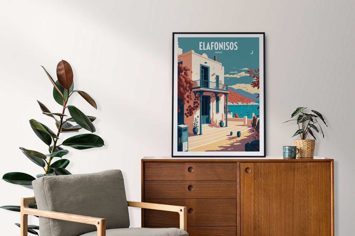 Elafonisos Greece Seaside Travel Poster Whitewashed House Vintage Art - Image 2