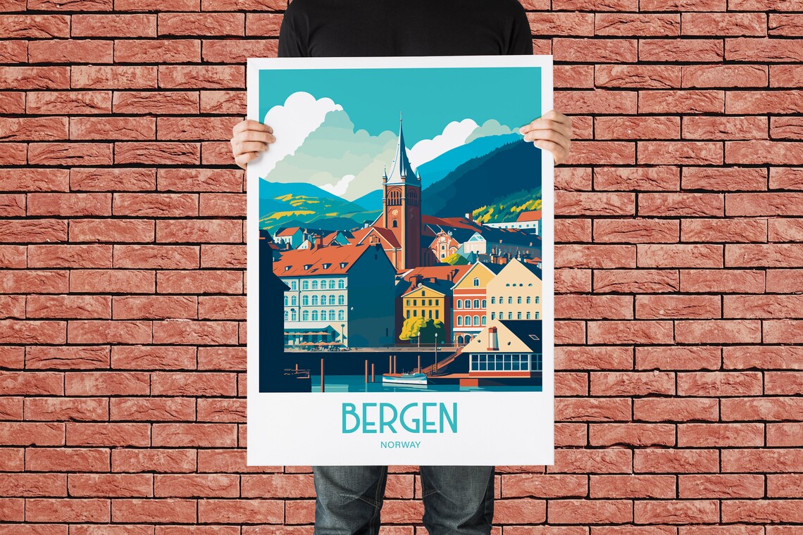 Bergen Norway Colorful Wharf Church Fjord Retro Travel Poster - Image 2