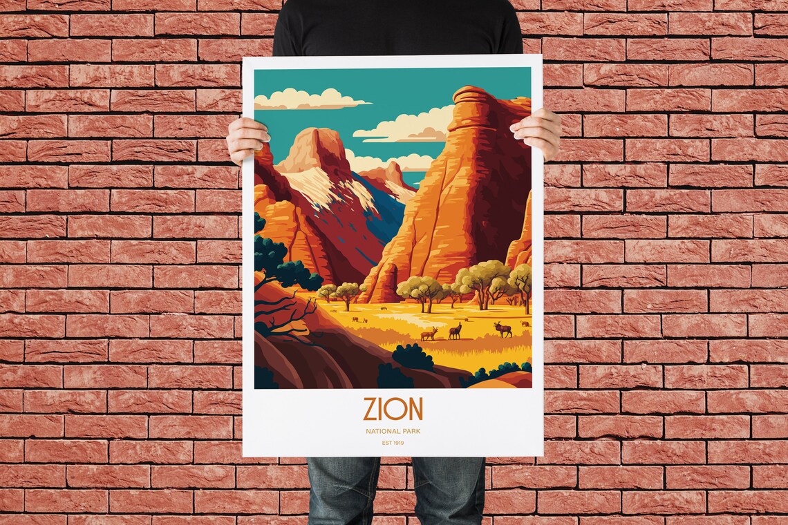 Zion National Park Red Rock Canyon Deer Meadow Vintage Poster - Image 3