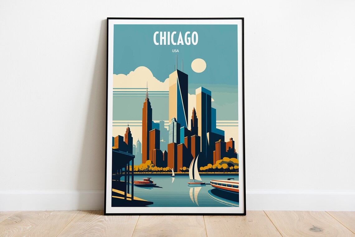 Chicago USA Lakefront Skyline Sailboats Vintage City Travel Poster