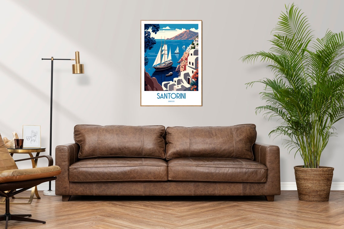 Santorini Greece White Cliffside Houses Sailboat Vintage Travel Poster - Image 3