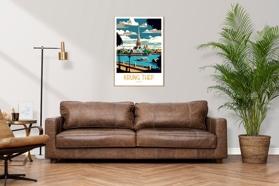 Krung Thep Croatia Golden Temple Riverside Vintage Travel Poster - Image 3