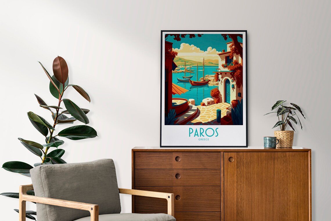 Paros Greece Aegean Harbor Sailboats Vintage Travel Art Poster - Image 3