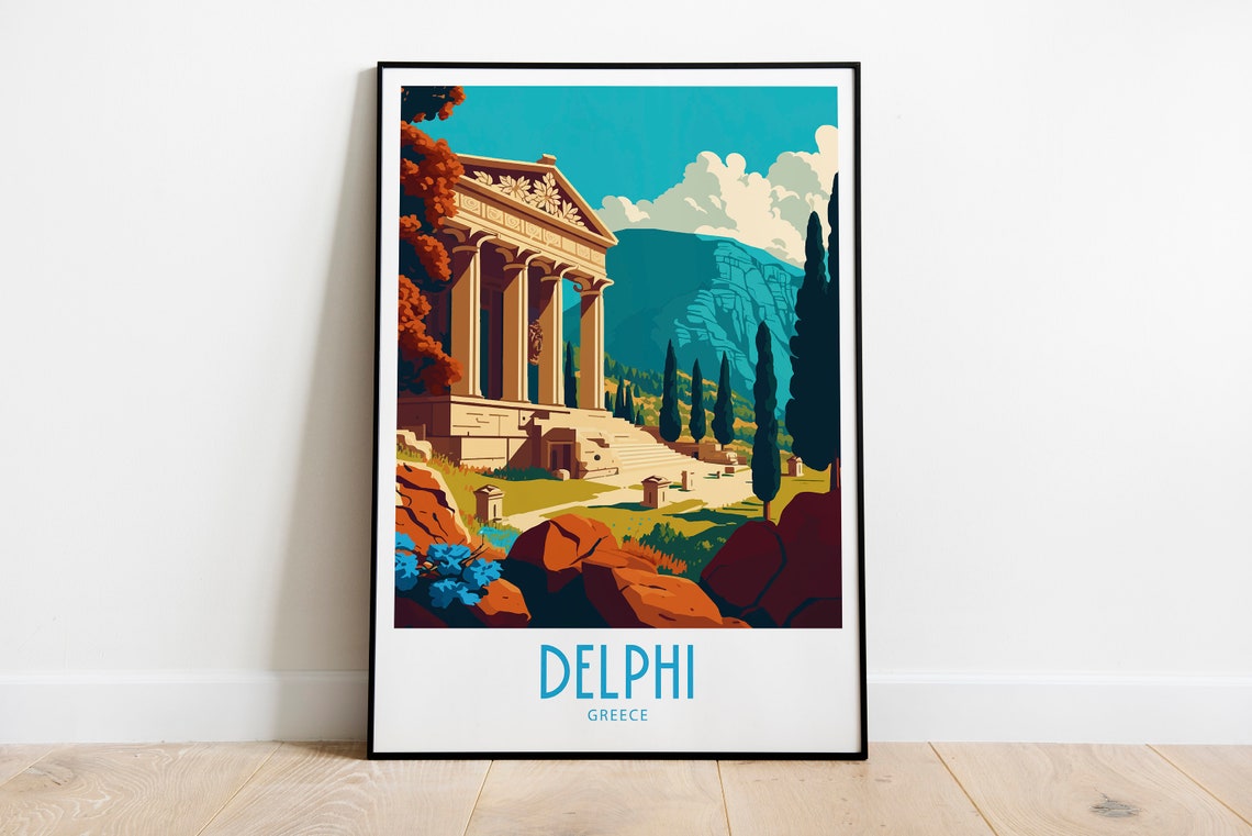 Delphi Greece Ancient Temple Ruins Mountain Vintage Travel Poster