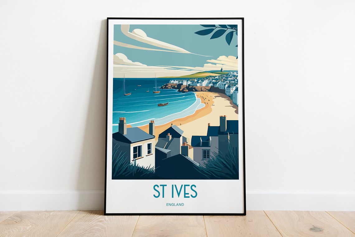 St Ives England Golden Seaside Harbor Boats Retro Travel Poster