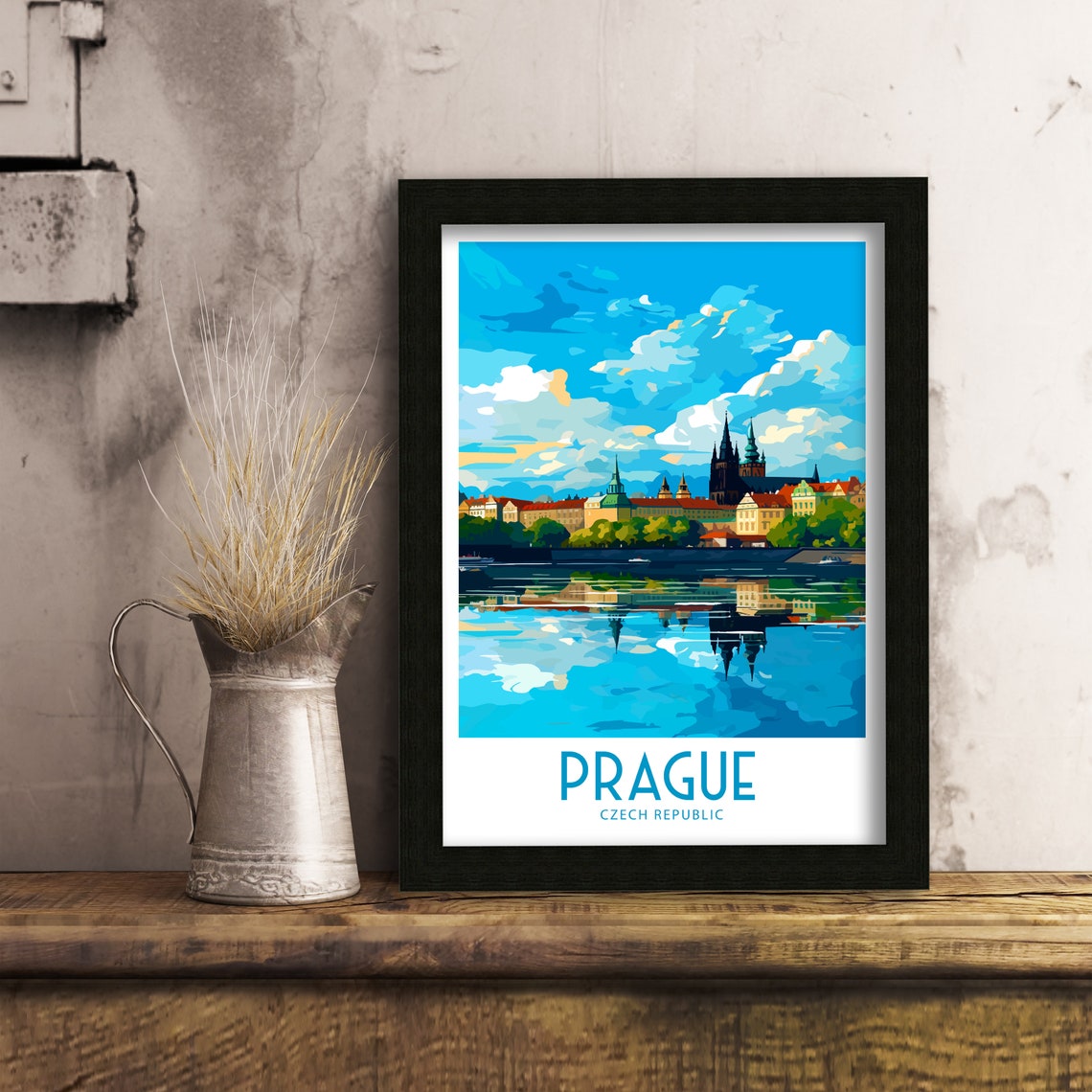 Prague Czech Republic Castle Travel Poster Blue River Reflection Art - Image 3