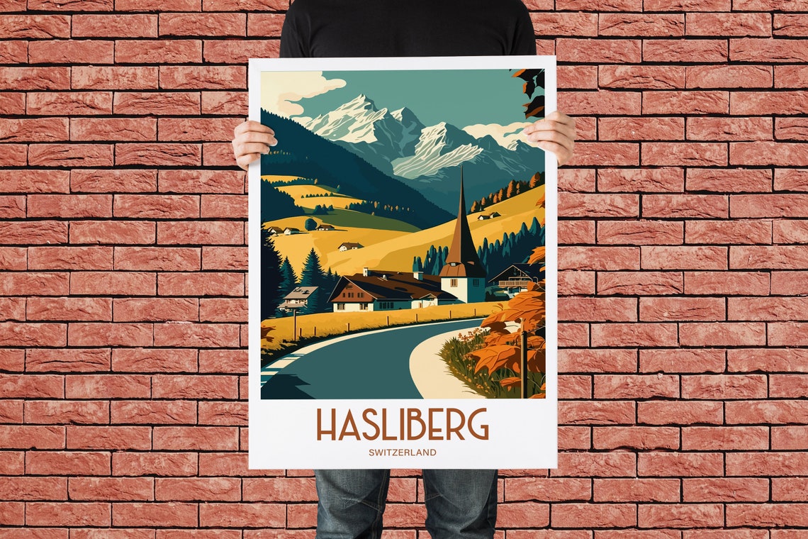Hasliberg Switzerland Alpine Village Church Steeple Travel Poster - Image 3