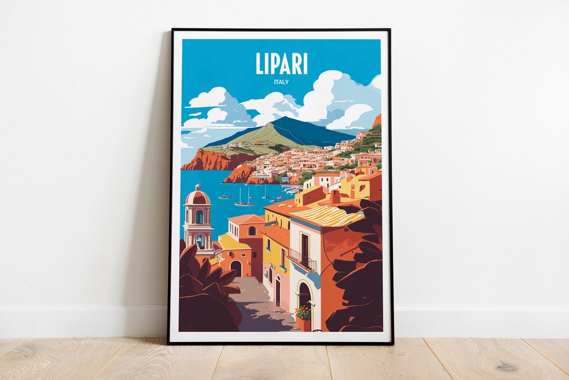 Lipari Italy Aeolian Island Harbor Sunset Retro Travel Poster