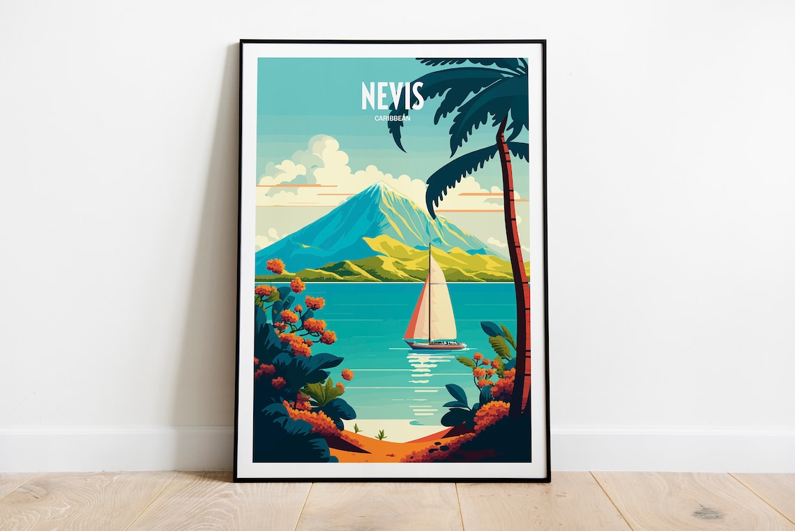 Nevis Caribbean Sailboat Tropical Island Mountain Peak Travel Poster