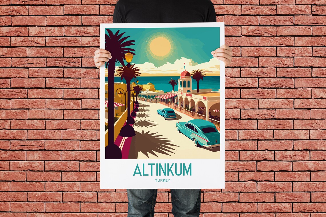 Altinkum Turkey Beach Resort Retro Cars Palm Vintage Travel Poster - Image 2