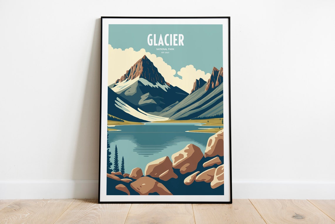 Glacier National Park Snowcapped Mountain Lake Vintage Travel Poster