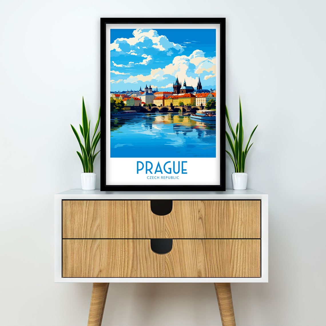 Prague Old Town Panorama Travel Poster River Bridge Vintage Blue Art - Image 4