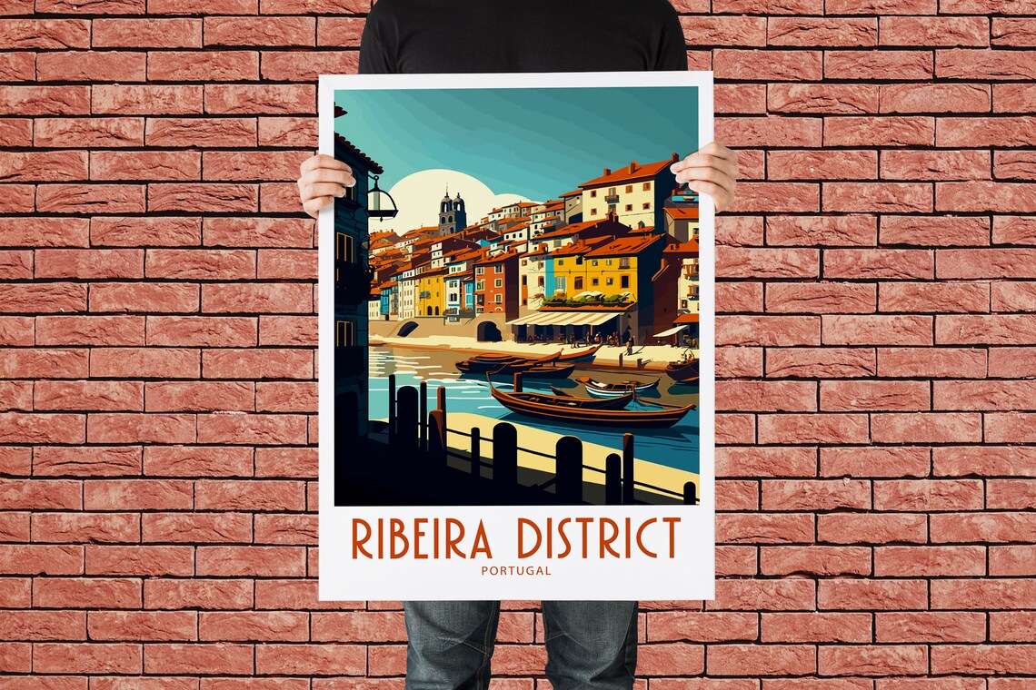 Ribeira District Portugal Waterfront Boats Vintage Travel Poster - Image 2