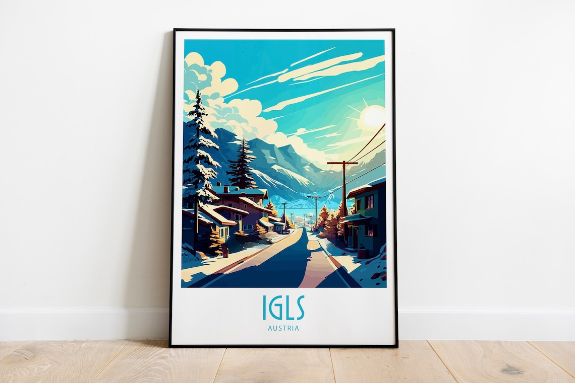Igls Austria Snowy Village Street Scene Sunny Retro Travel Poster