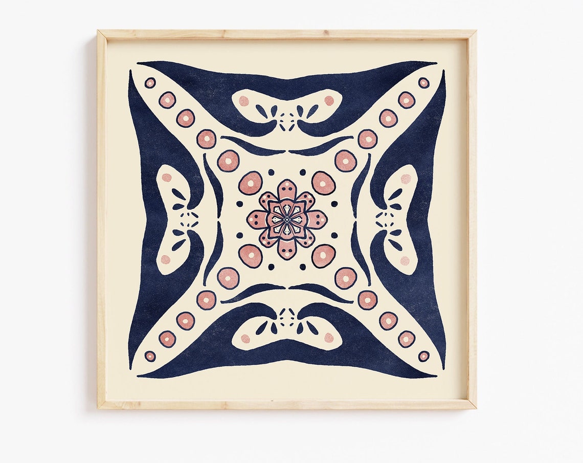 Split Peaks Tile No 11 Navy Terracotta Wave Mandala Pattern Art Poster