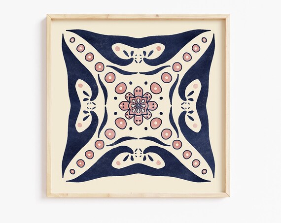 Split Peaks Tile No 11 Navy Terracotta Wave Mandala Pattern Art Poster