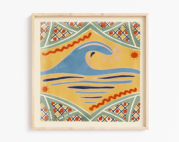 Ocean Wave Talavera Tile Motif Mustard Yellow Folk Surf Art Poster