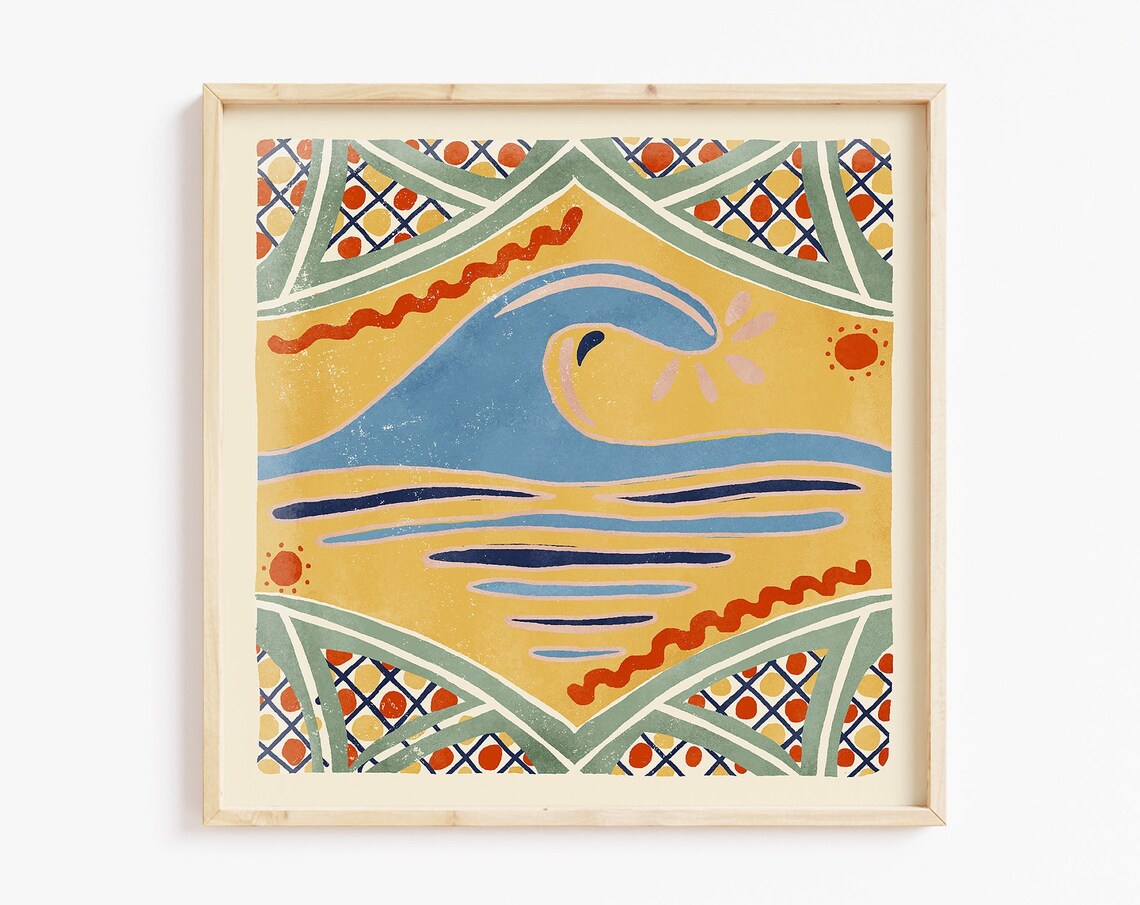 Curling Blue Wave Talavera Tile Art Mustard Yellow Surf Art Poster