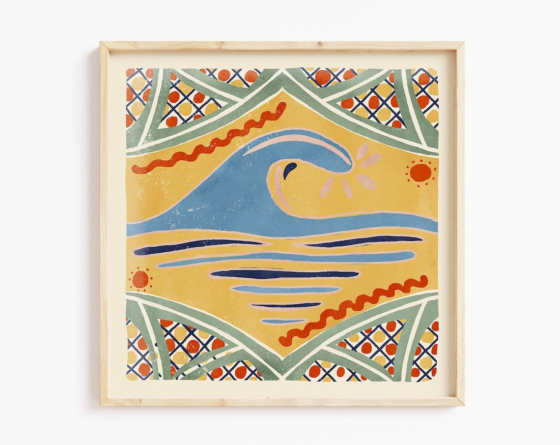 Ocean Wave Talavera Tile Motif Mustard Yellow Folk Surf Art Poster