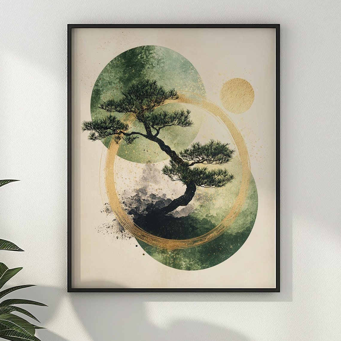 Japanese Bonsai Pine Tree Gold Sun Abstract Watercolor Circles Poster