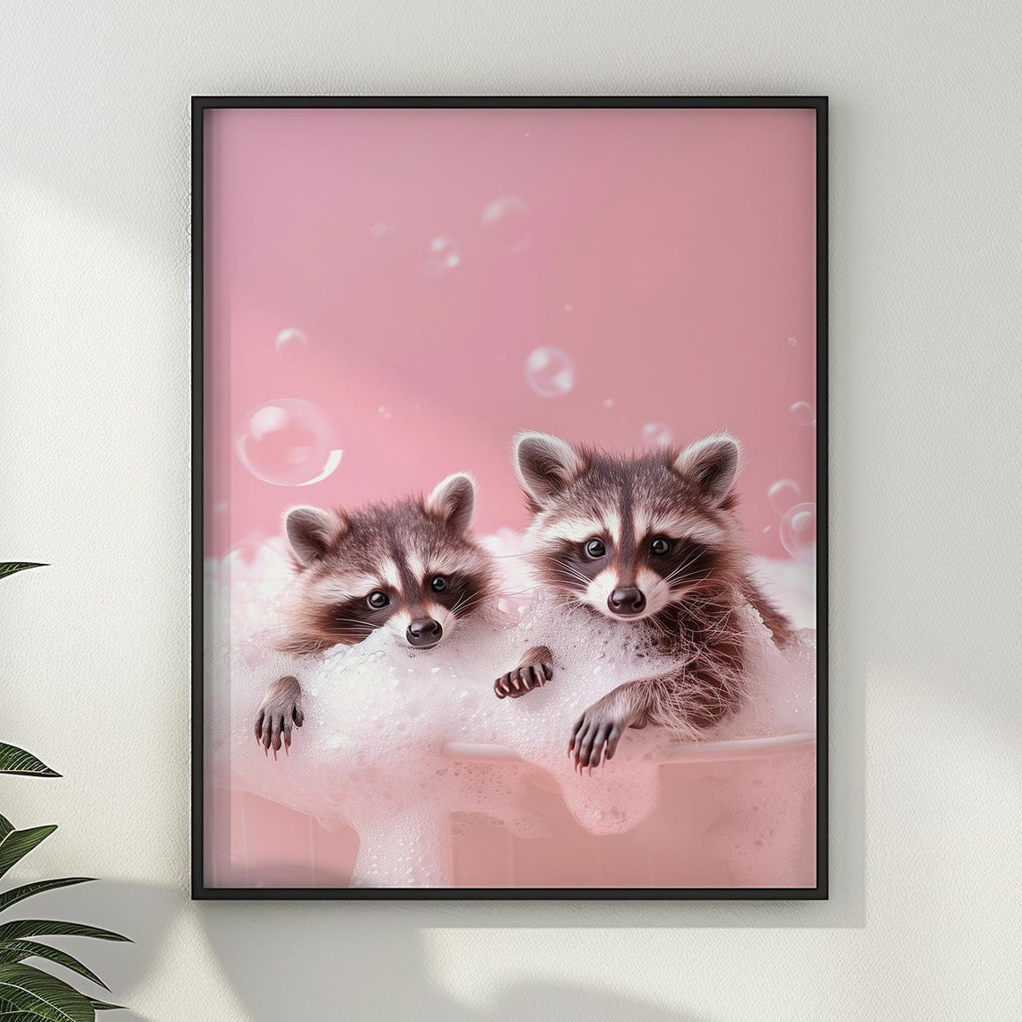 Two Baby Raccoons In Pink Bubble Bath Funny Bathroom Wall Art Poster