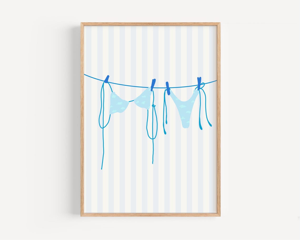 Blue Bikini Clothesline Coastal Print Light Blue Striped Beach Art