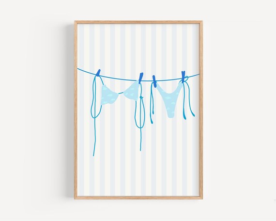 Blue Bikini Clothesline Coastal Print Light Blue Striped Beach Art