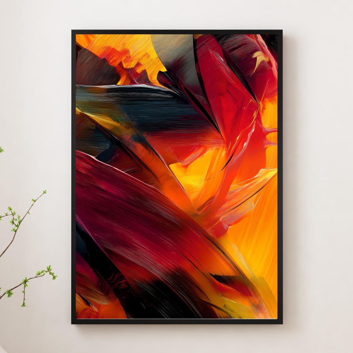 Fiery Orange and Crimson Abstract Brushstroke Fire Art Poster