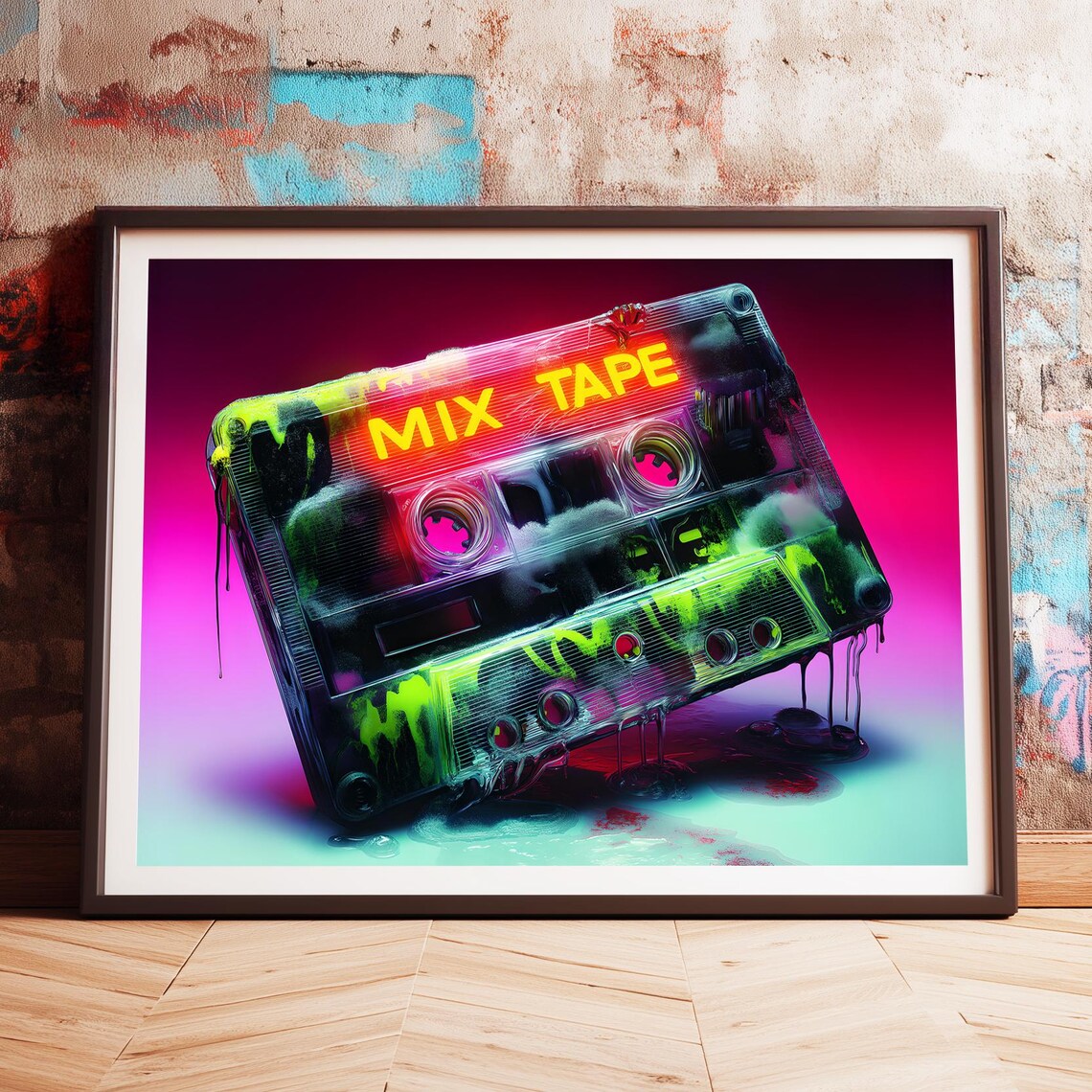 Neon Mix Tape Cassette Graffiti Style Poster Retro Music Street Art