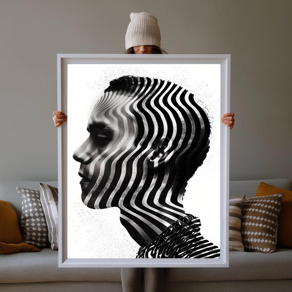 Monochrome Wavy Line Portrait Black and White Modern Art Poster