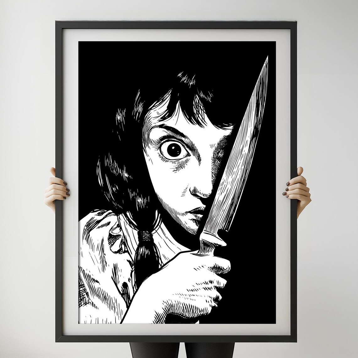 Hold My Knife Manga Style Girl With Big Knife Black White Art Poster