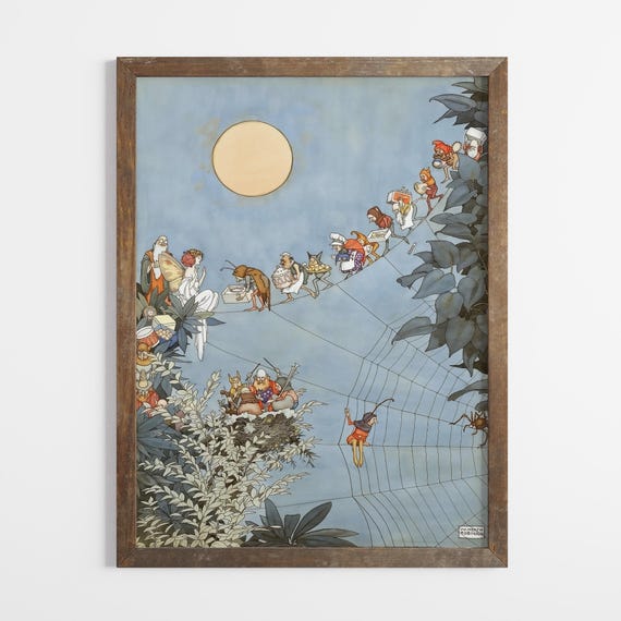 Spiders Web In Moonlight Vintage Illustration For Nursery By William Heath Robinson Fine Art Print