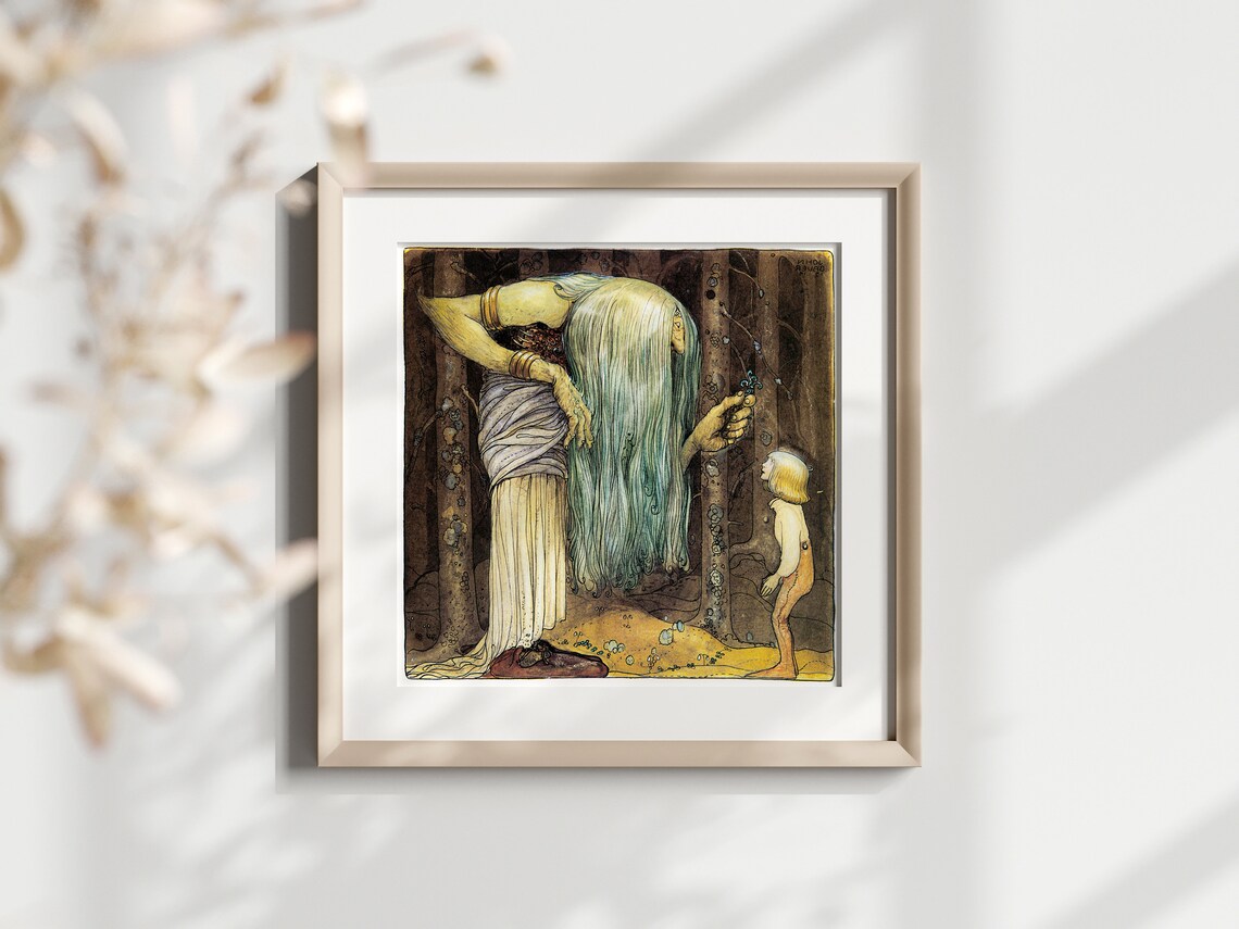 Vintage Fairytale Witch Woman and Child Dark Forest Art Poster