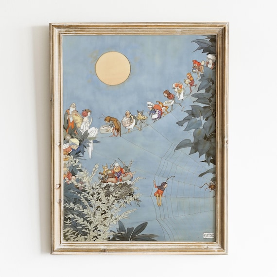 Vintage Fairy Illustration Poster Fairies Crossing The Spiders Web
