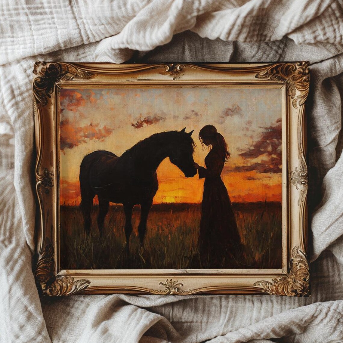Romantic Woman and Horse Silhouette Against a Fiery Sunset Poster