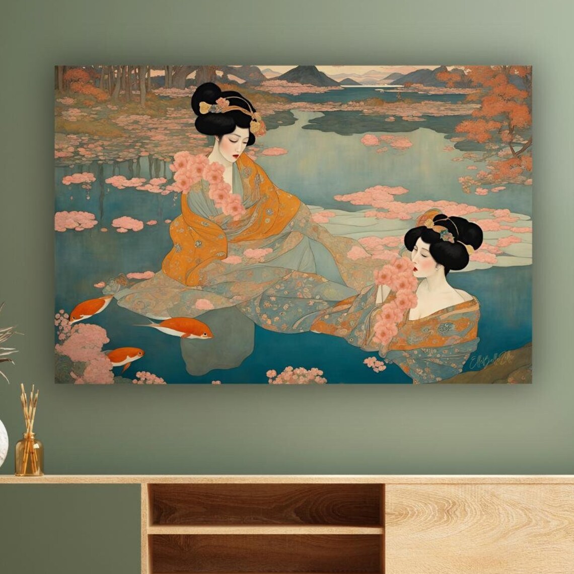 Art Nouveau Two Geishas Lily Pond Koi Fish Orange Kimono Art Poster